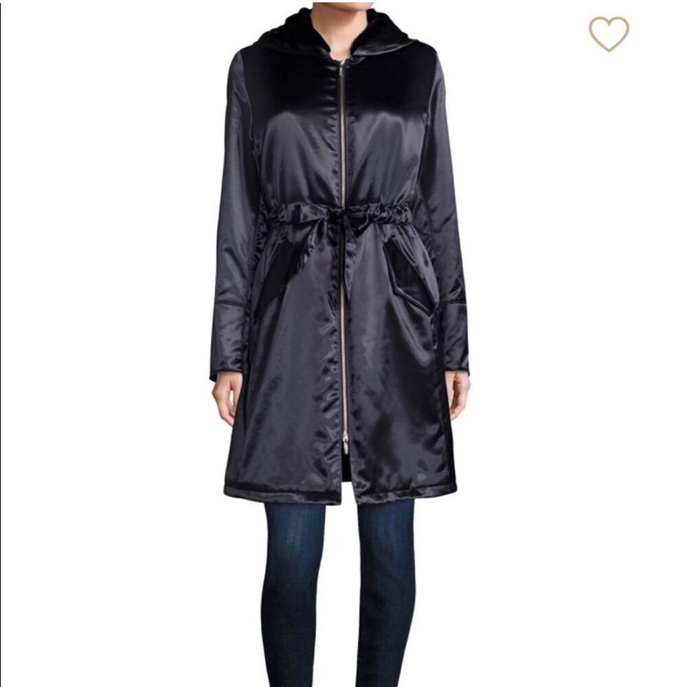 Jane Post $795 Faux Fur Lined Hooded Parka jacket Navy Womens Large NWT